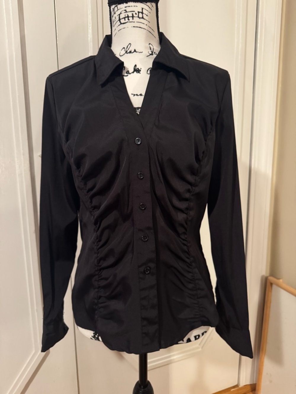 Black Ruched Button-Front Blouse with Collared Neck